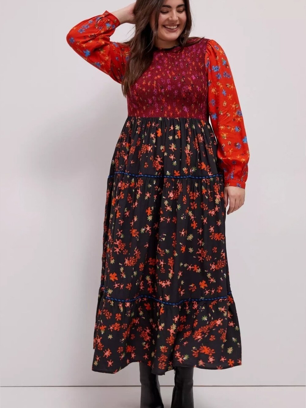 Bl-nk Brittany Maxi Dress Anthropologie Size L Floral Smocked Puff Sleeve Boho